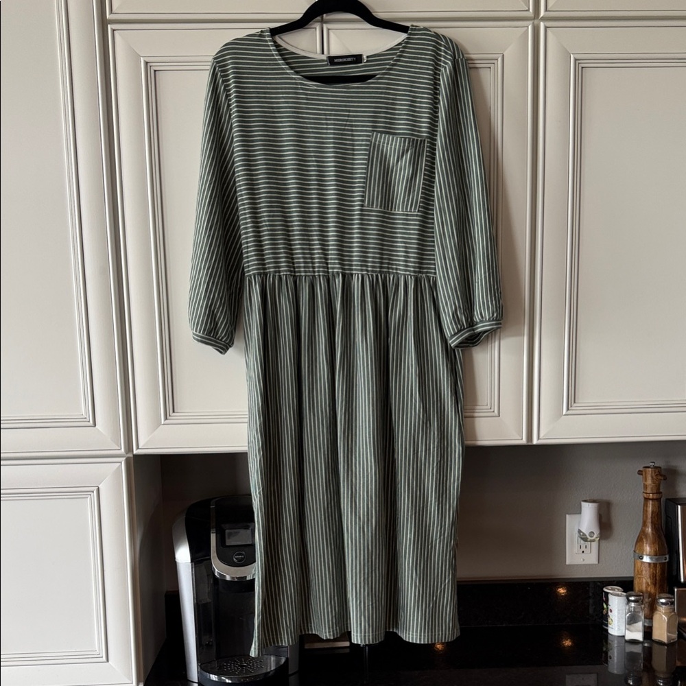 Striped Olive Green Midi Dress with Pocket - Casual Everyday Style